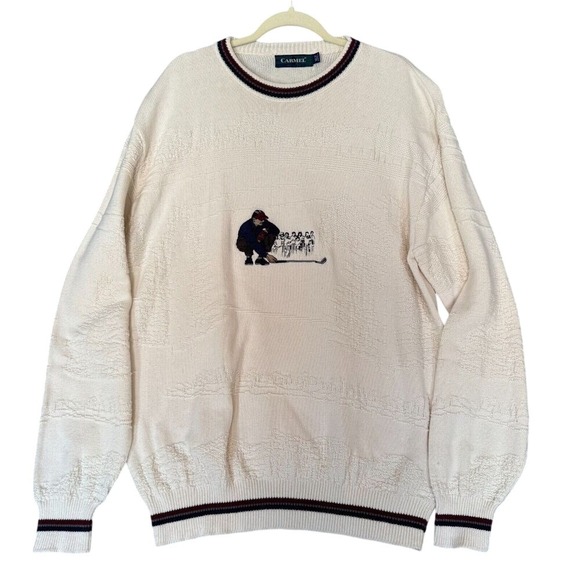 VTG 90s Carmel Mens XLT Ivory Embroidered Textured Sweater Golf Grandpa Dad‎ USA - Picture 10 of 12